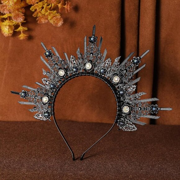 Sun Goddess Halo Crown Black Rhinestone Moon Headband Renaissance Halloween main image 5